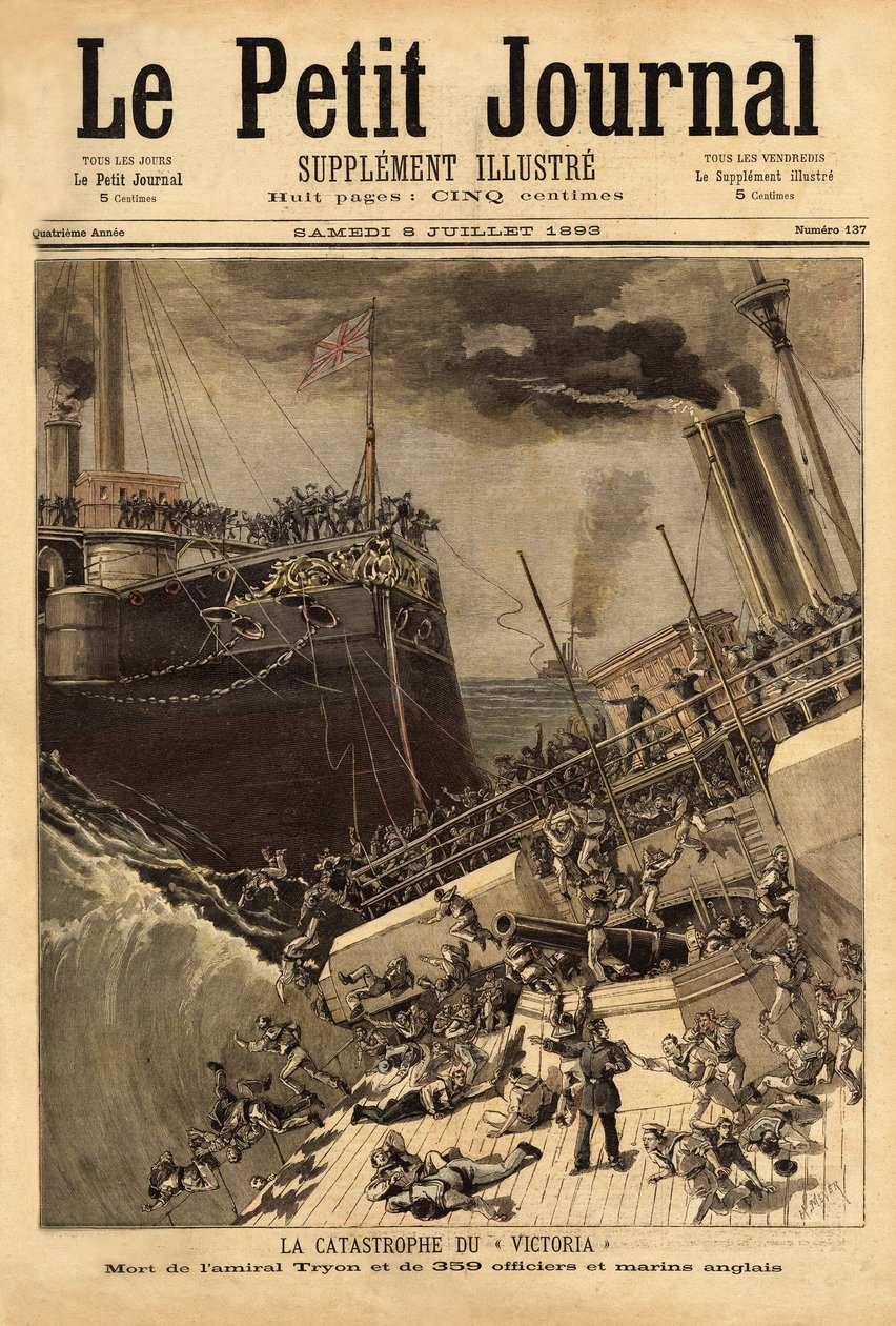 Victoria savaş gemisi, Camperdown gemisinin teşvikiyle Suriye kıyılarında battı. “” Le petit dergi” içinde gravür” 8/07/1893. Selva
