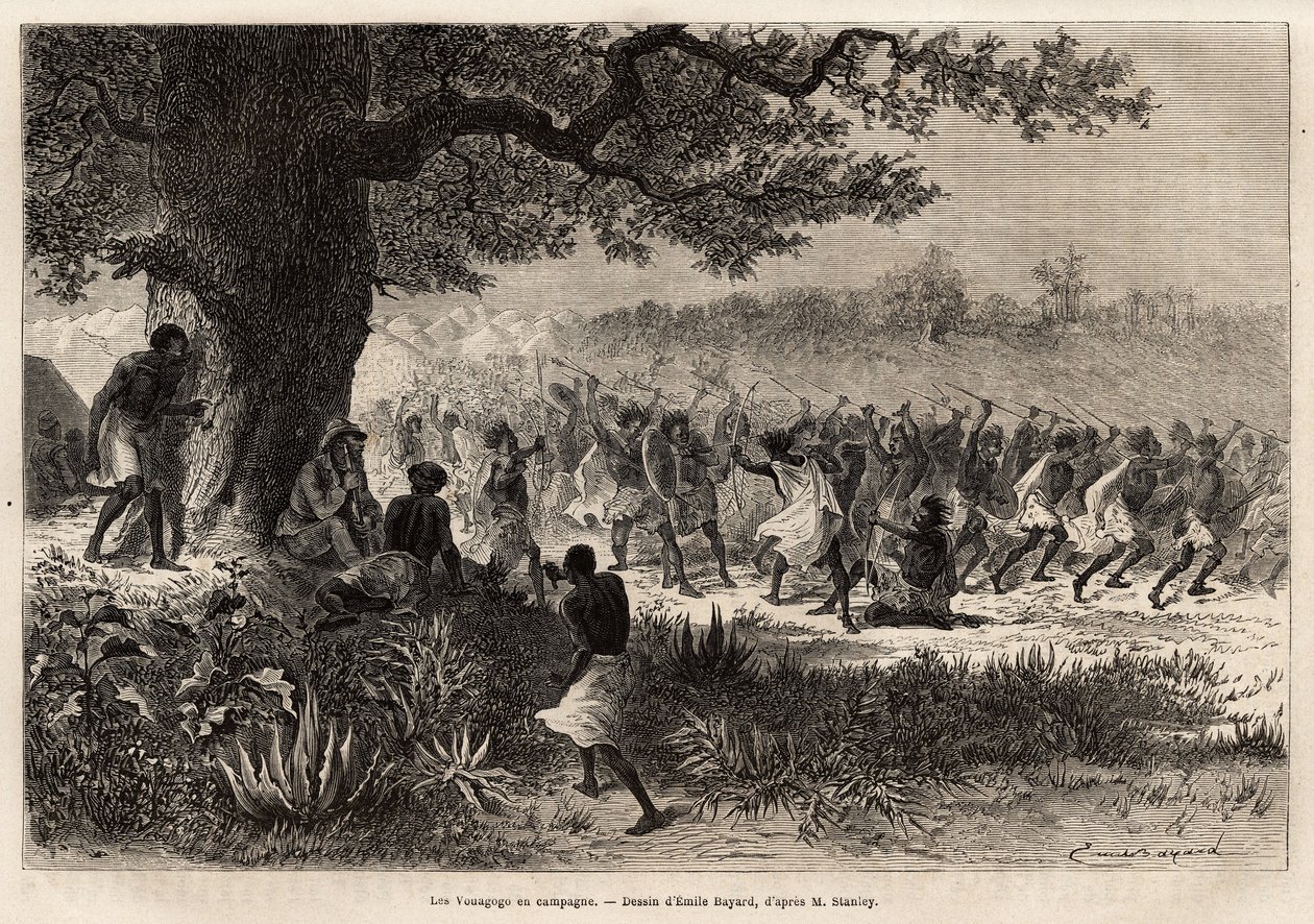 Vouagogo (Tanzanya kabilesi) savaşa hazırlanırken, ağacın altında, Henry Morton Stanley (1841-1904) hikayesinin yazarı. “New-Y” muhabiri Henry Stanley tarafından Orta Afrika