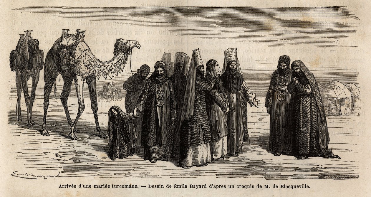 Bir Türk (Türkmenistan) karısının kocasının ailesine gelişi; 17 yaşından önce evlenmeyen kız çocukları, (müstakbel eşinin ailesine vereceği) çeyizi ve evlilik şartlarını müzakere eden koca tarafından seçilir. Oymak by Unknown artist