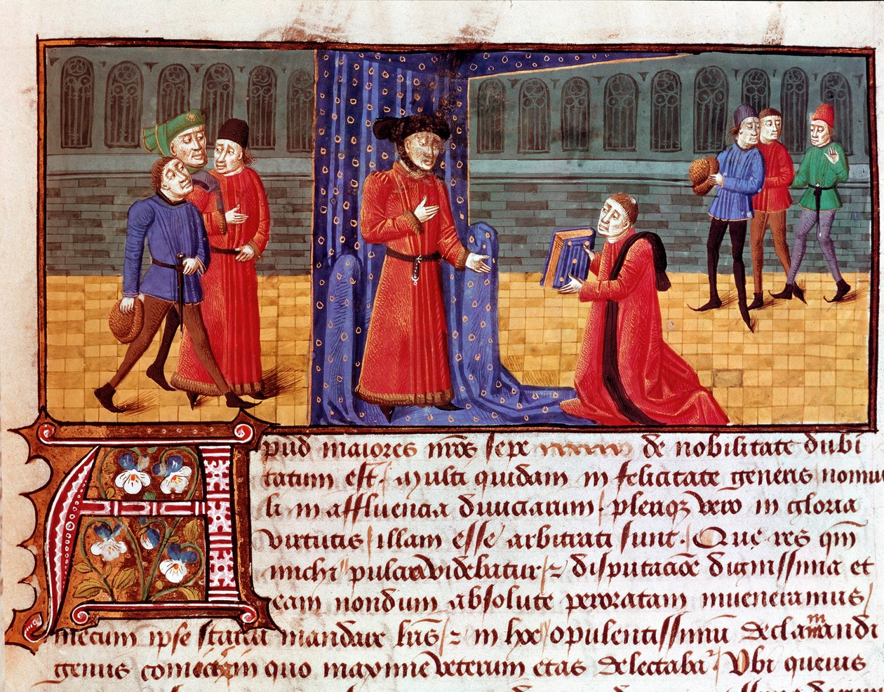 Yazar, eserini sunarken Jacques Legrand (Legrant) (1365-1415) tarafından “” Sophilogium”dan (Archiloge Sophie. Book of Good Practice) alınan sayfa 15. veya 16. yüzyıl Torre do Tombo, Lizbon by Unknown artist