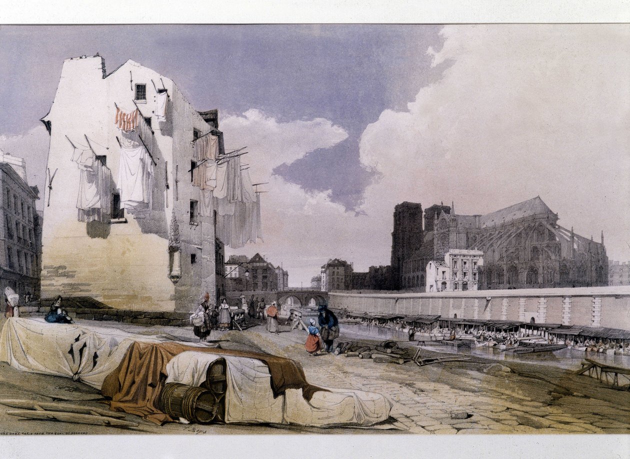 Seine ve Notre Dame de Paris kıyıları - litografi by Unknown artist