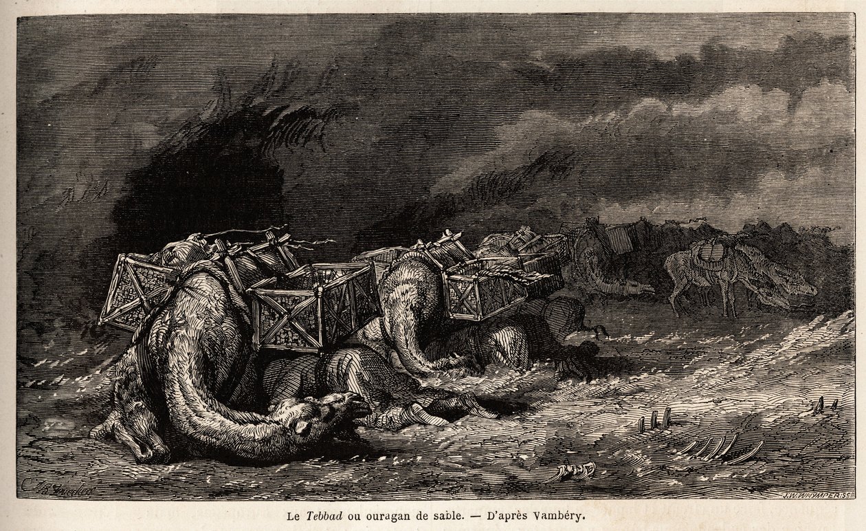 Kum fırtınasına yakalanan deve kervanı tebbad der. Arminius Vambery (Macar bilim adamı derviş kılığında) tarafından 1863