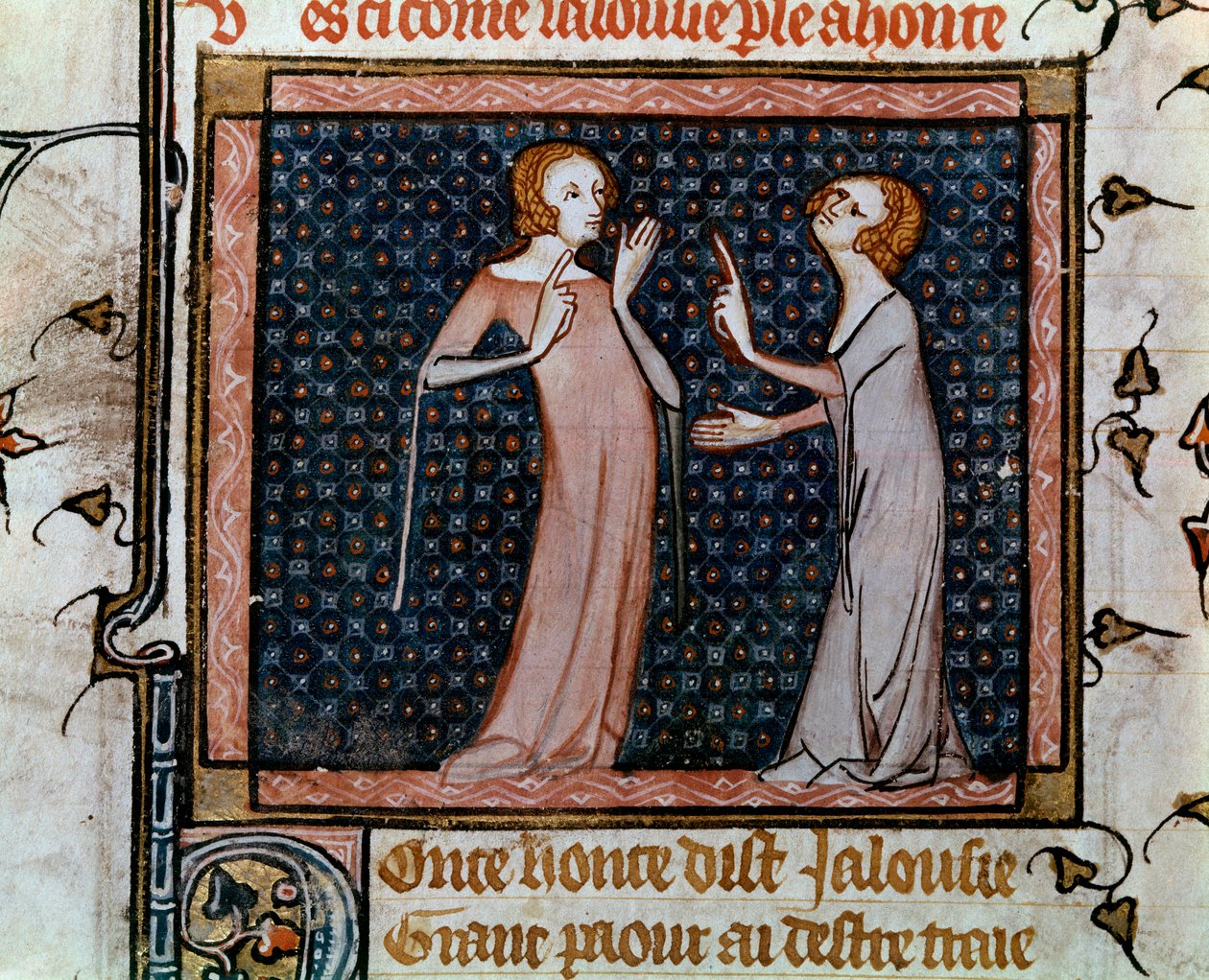 Kıskançlık ve Utanç Minyatür kolokyumu Jean de Meun, Jean de Meung veya Jean Chopinel, Jean Clopinel (v.1240-1305), yaklaşık 1370. Paris, bibliotheque Sainte Genevieve by Unknown artist