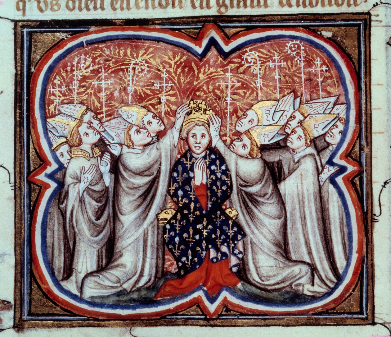 Kral Philip Augustus'un (1165-1223) 1/11/1179'da Reims katedralinde taç giyme töreni. 14. yüzyıldan kalma bir el yazmasından minyatür. Paris, BN by Unknown artist