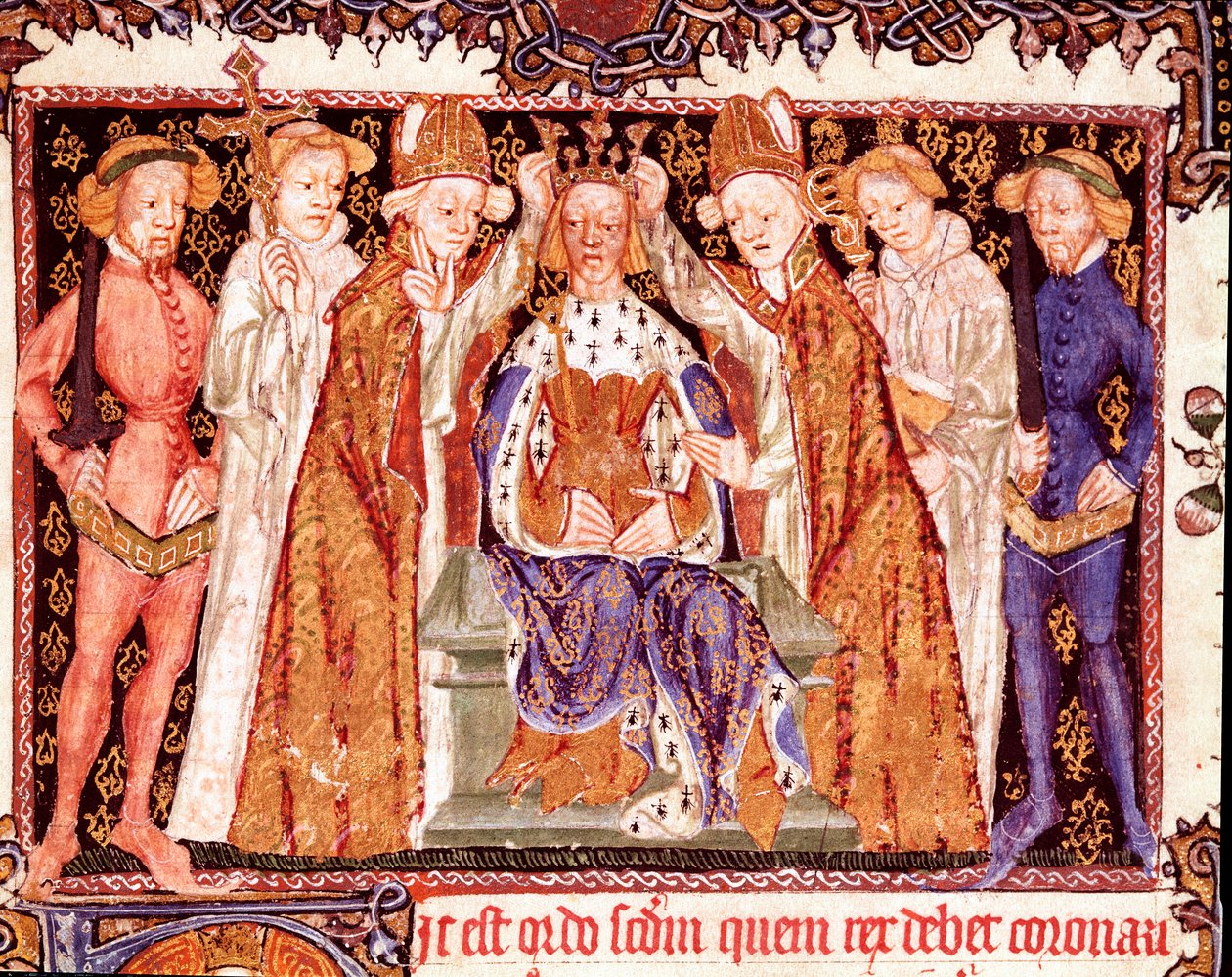 Bir kralın taç giyme töreni Muhtemelen İngiltere Kralı II. Richard (1367-1400). Taç giyme törenleri hakkındaki el yazmasından minyatür “” Liber regalis”” 14. yüzyıl Pamplona, Navarre arşivi by Unknown artist