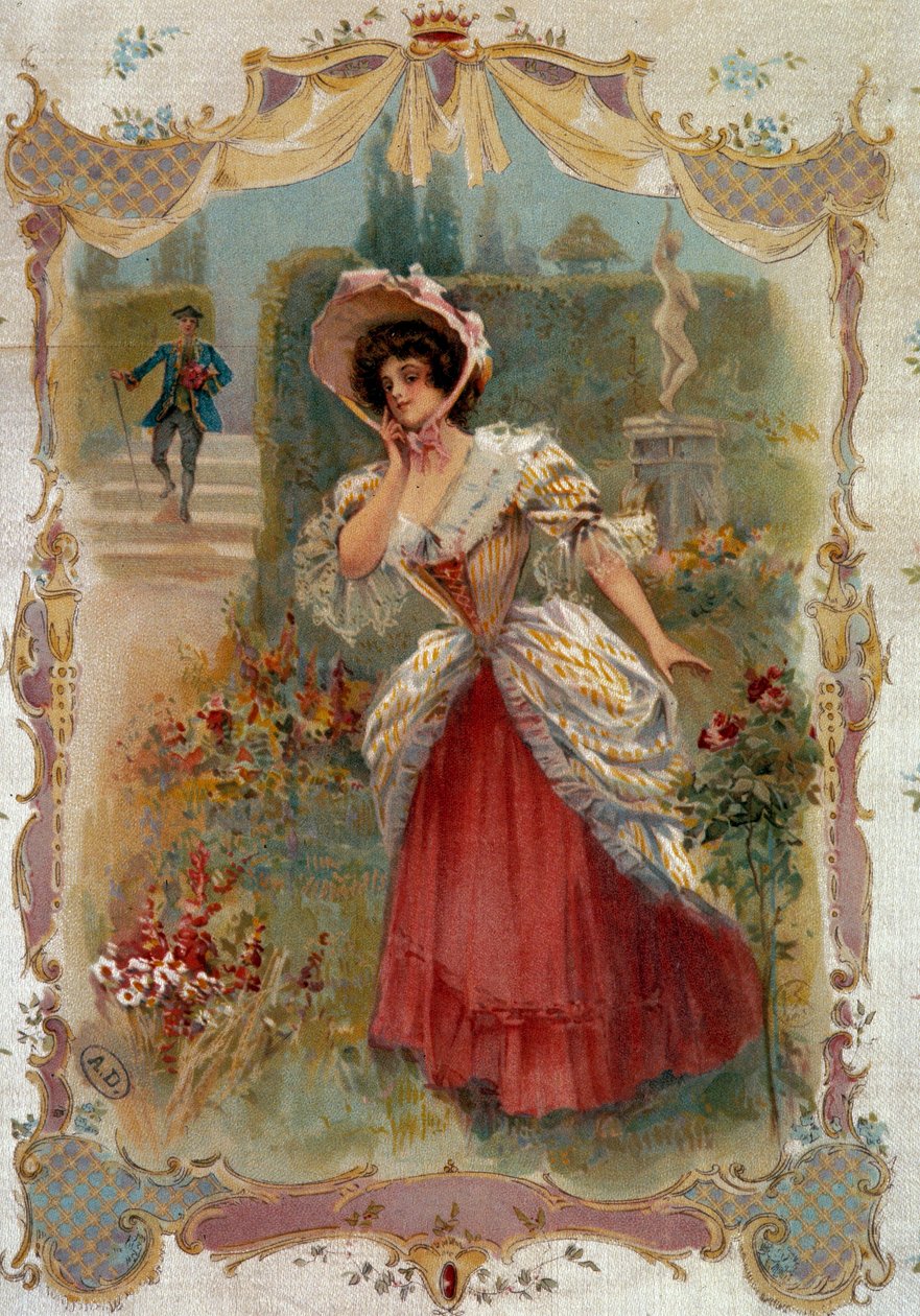 Genç bir kadının nişanlısını beklediği tarih. 19. yüzyıl Paris litografisi, Dekoratif Sanatlar by Unknown artist