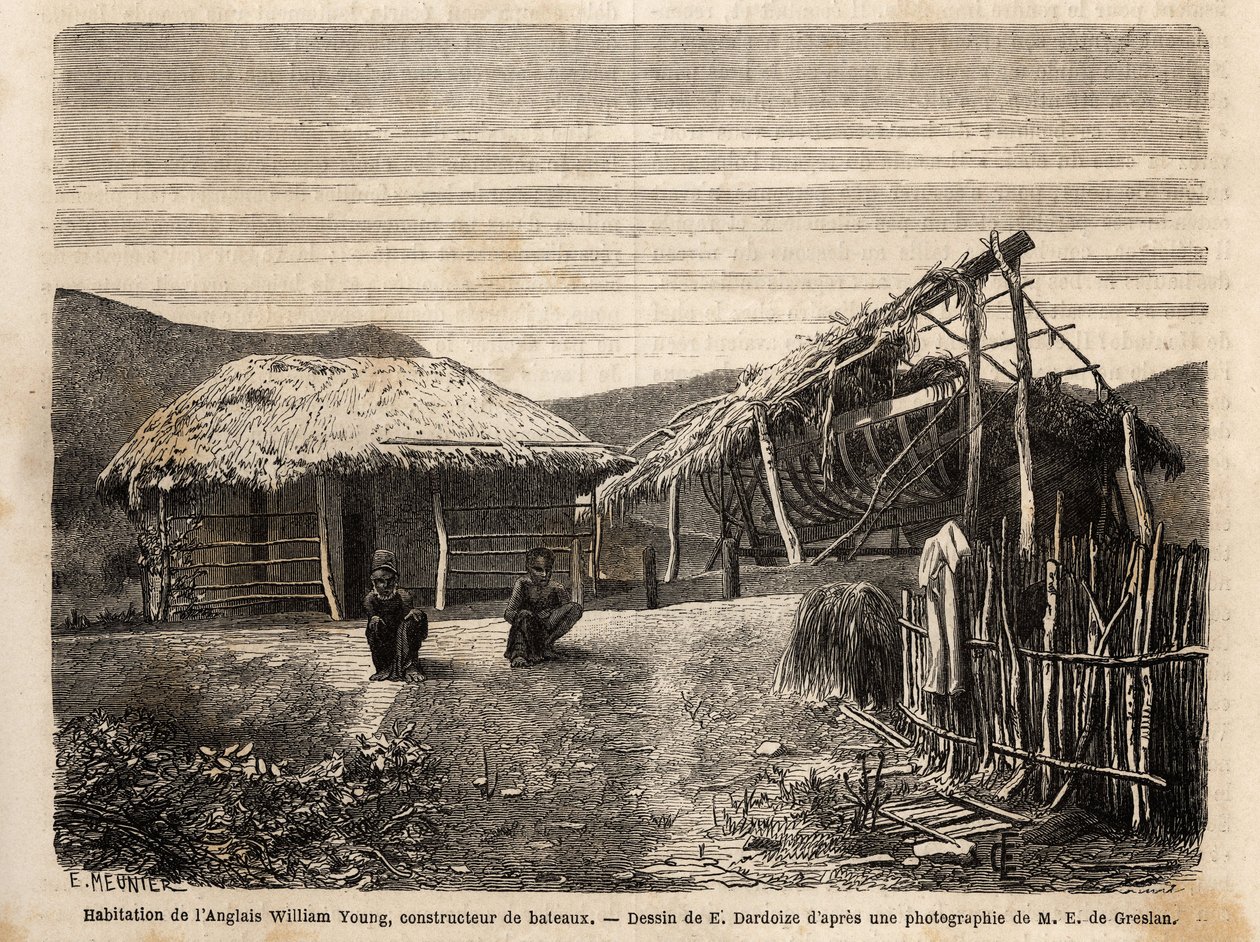 Yerli emeği kullanan veya onları sıkı çalışma sürelerinin sonuna kadar mahkum eden Noumea yakınlarındaki bir İngiliz inşaatçının konutu ve tersanesi. Gravür dökün illustrrer le voyage à la Nouvelle Caledonie, 18 yılında maden inşaat mühendisi Jules Garnier by Unknown artist