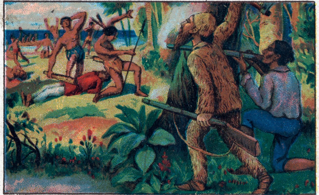 Vahşilerle savaş. Daniel Defoe (Defoe) “” Robinson Crusoe”” kitabı için illüstrasyon. 19. yüzyılın sonlarında kromolitografi. by Unknown artist
