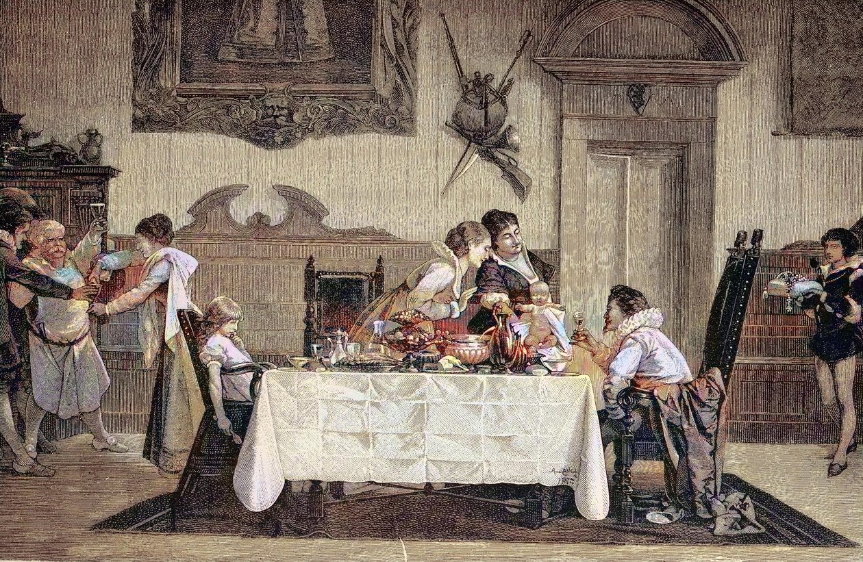 İlk doğan erkek çocuk, ebe, yeni doğan oğlu diğer aile üyelerine gösterir. by Unknown artist