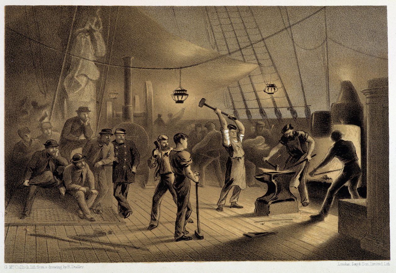 Güvertede demirci. 9 Ağustos gecesi, ırgat için ifon kaplamanın hazırlanması - W. H. Russel tarafından “Atlantik telgrafı”nda, yaklaşık. 1860 by Unknown artist