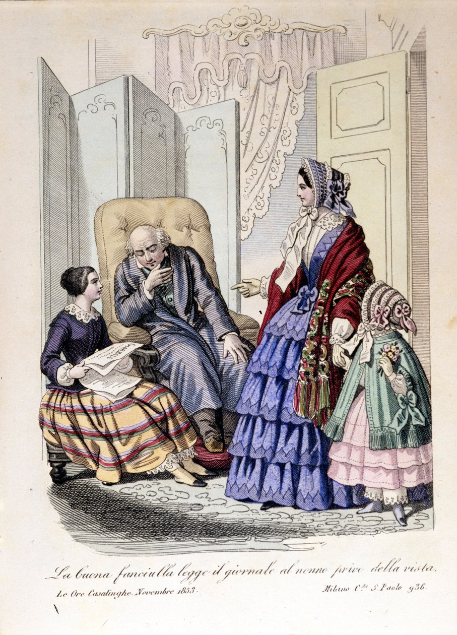 Kız, görme yetisini kaybeden büyükbabasına gazete okur. "Ore casalinghe"den, Kasım 1853. by Unknown artist