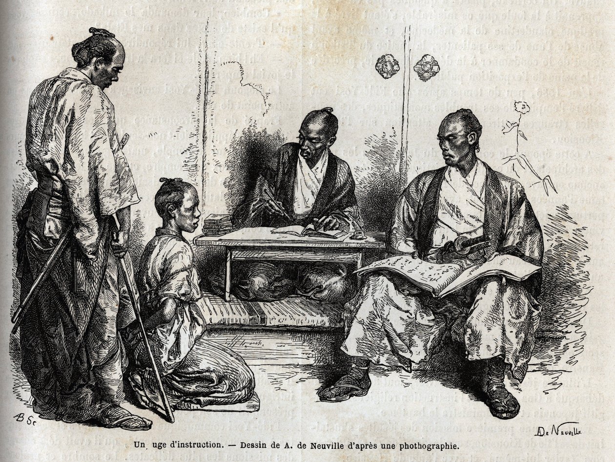 Soruşturma yargıcı, görevlerini yerine getirirken önünde diz çökerek onu bir samuray ile suçlar. İsviçre Konfederasyonu bakanı Aime Humbert tarafından 1863-1864