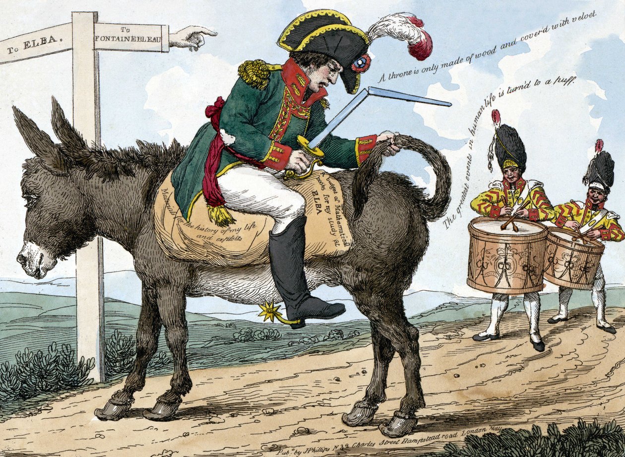Modern bir kahramanın Elba adasına yolculuğu. Modern bir kahramanın Elba adasına yolculuğu. Bu karikatür, Fontainebleau