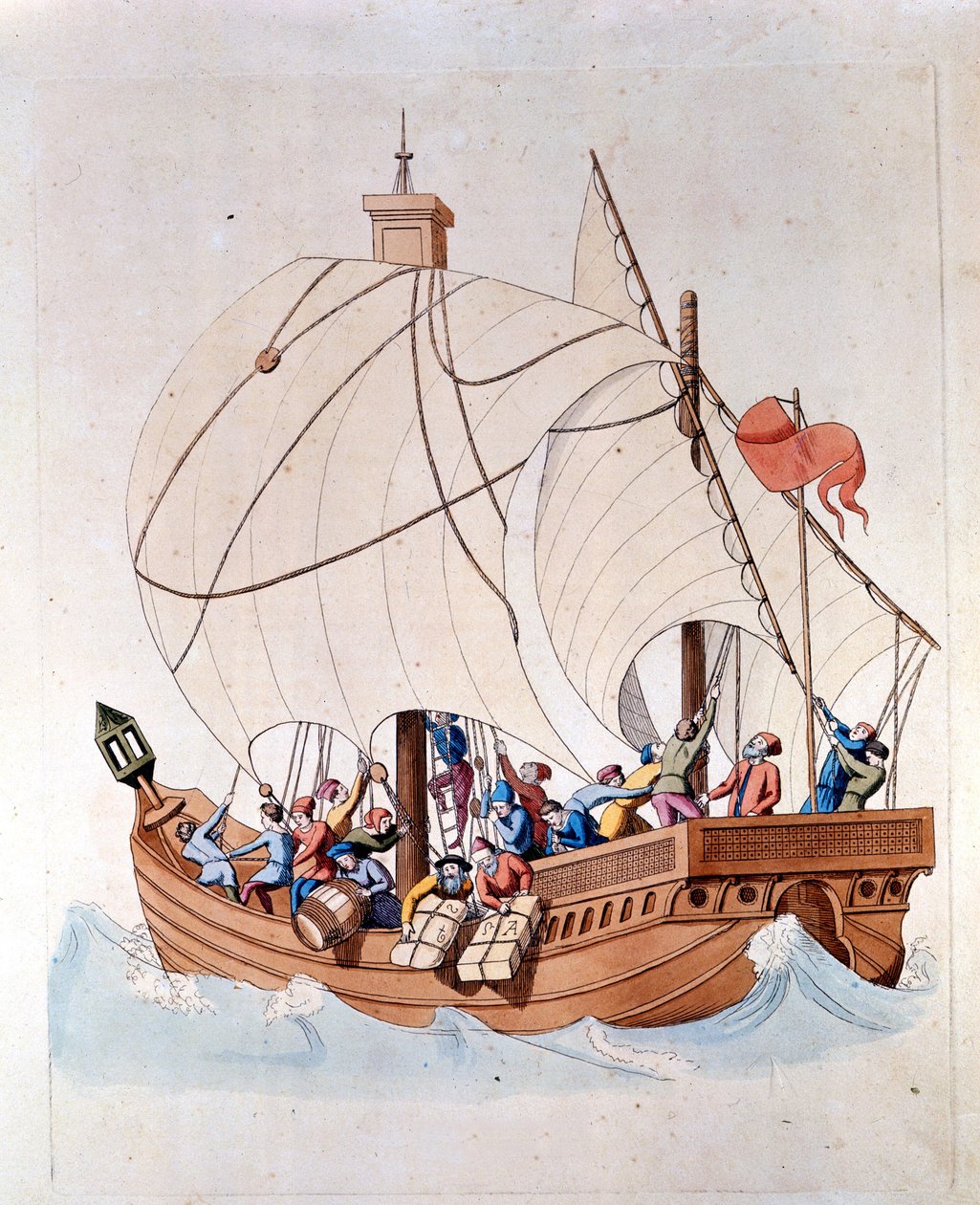 13. yüzyıldan kalma bir karavelin yüklemesi denizde. by Unknown artist