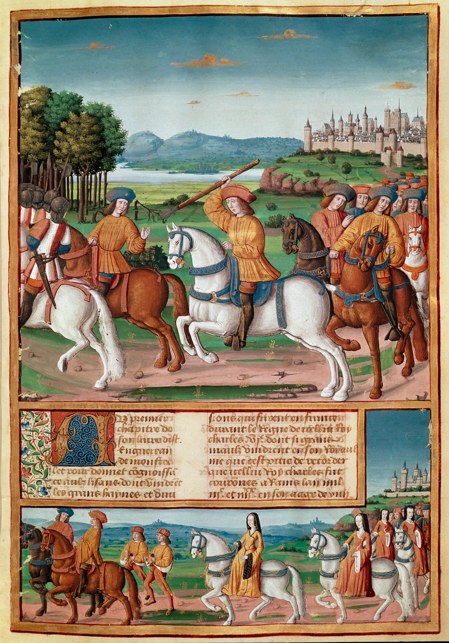 Charles VI'nın çılgınlığı (1368 - 1422). 5 Ağustos 1392'de Le Mans ormanında öfkeli delilik saldırıları yaşamaya başladı: ihanet çığlıkları atarak kendi grubuna saldırdı ve Chronicles de Enguerrand de Mo'dan dört Minyatür insanı öldürdü. by Unknown artist