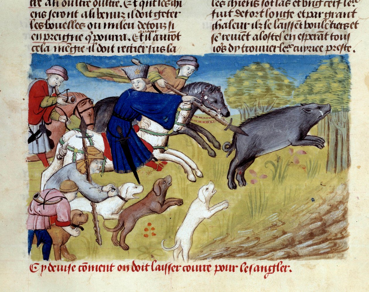 Gaston III Phoebus, Count of Foix, Lord of Bearn (1331-1391) tarafından yazılan “Avlanma Kitabı”ndan minyatür yaban domuzu avı by Unknown artist