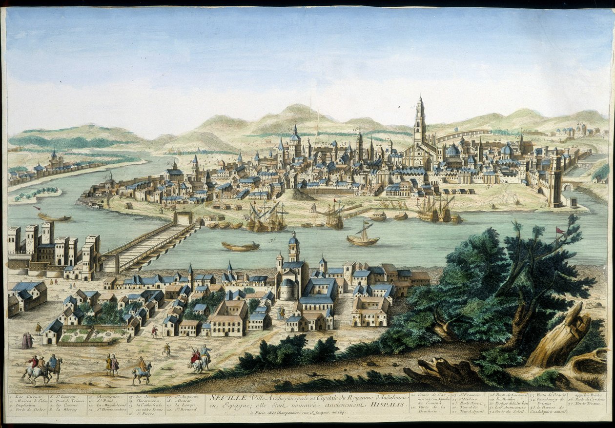Sevilla limanı ve şehri - 18. yüzyılın gravürü. by Unknown artist