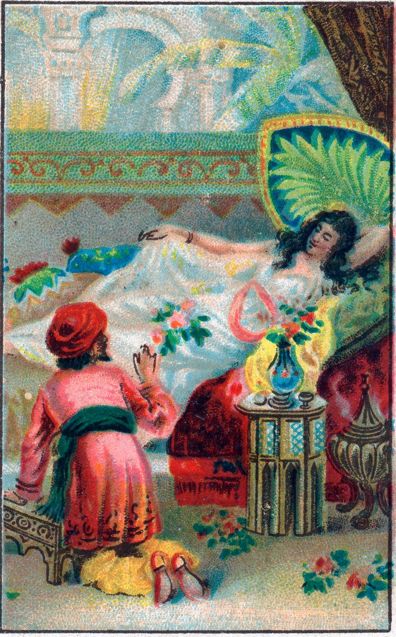 Prens ve prenses. Masal “Binbir gece”deki “büyülü atın hikayesi”” (1001 gece veya Le mille e una notte, Binbir Gece Masalları). 19. yüzyılın sonlarında kromolitografi. by Unknown artist