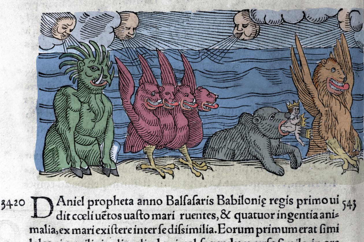 Daniel peygamber canavarların ortaya çıktığını görür: Haniel, Kafziel, Azriel, Aniel. Wolfhart (Conrad Lycostene) 1557