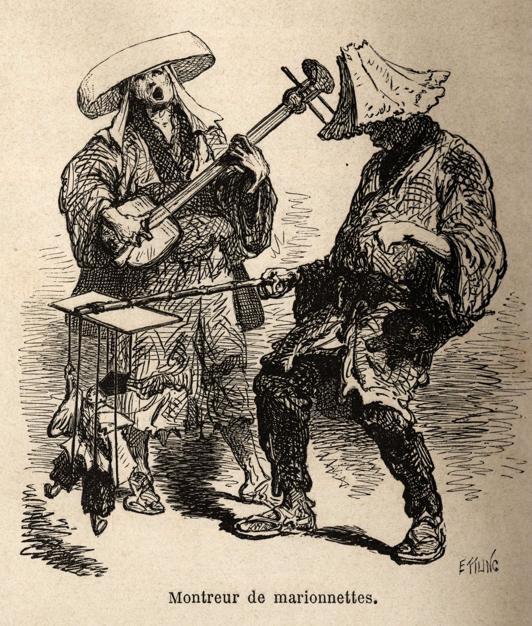 Kukla gösterisi ve sokak eğlencesi için ona eşlik eden müzisyen. 1863-1864