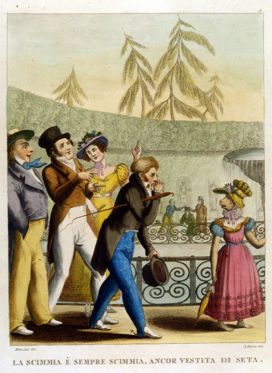 “İpek giymiş bir maymun, maymun olarak kalır” (Ceket keşiş yapmaz). 18. yüzyıl atasözlerinden oluşan bir koleksiyondan illüstrasyon by Unknown artist