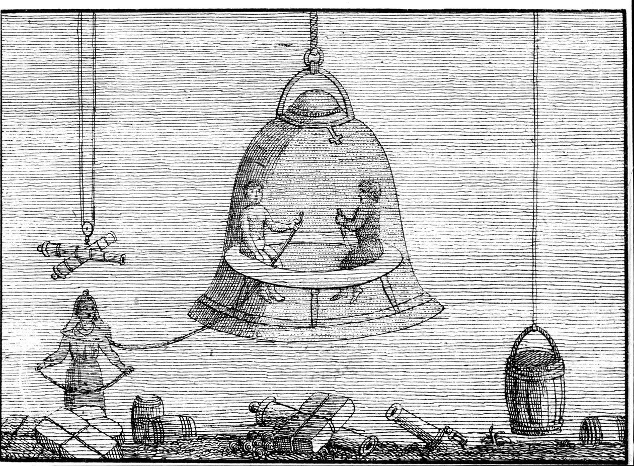 Soldaki (büyük çandan hava alan) adamın omuzlarındaki küçük çan, takım elbise miğferinin atası sayılabilir. SD. 17. veya 18. yüzyıldan gravür. by Unknown artist