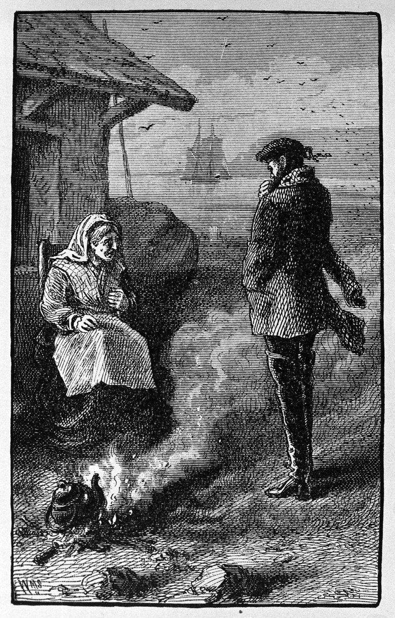 Pomona (Orkney) adasında yaşayan cadı Bessie Millie, denizcilerin lehine rüzgar çantaları satıyor. Walter Scott