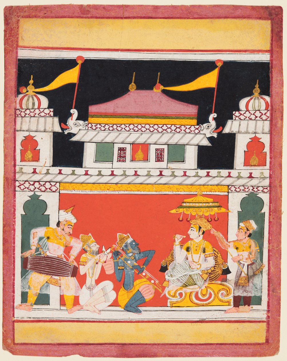 Üç Müzisyen Bir Kralın Önünde Gösteri Yapıyor: Bir Ragamala'dan Shri Raga by Unknown artist