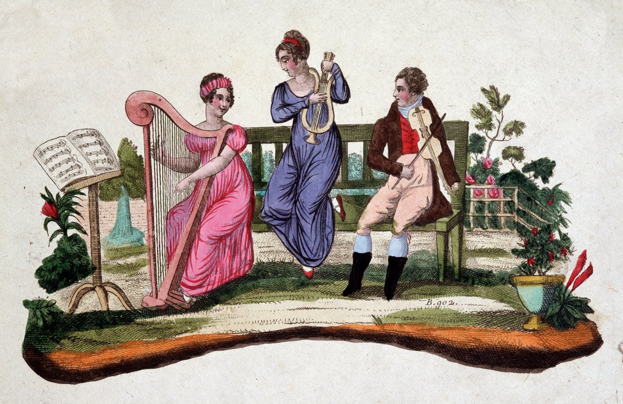 Bir bahçede müzik aletleri çalan üç kişi: arp, lir, viyola. gravür sd. 18. yüzyıldan kalma. by Unknown artist