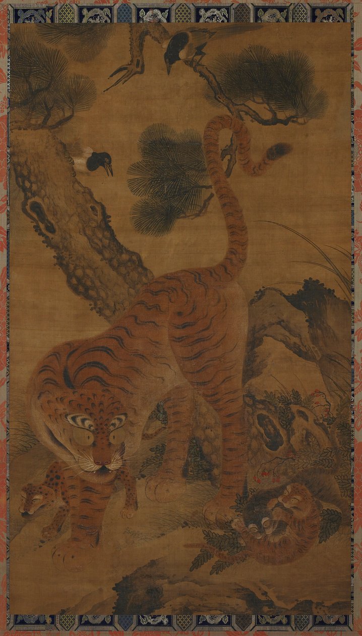 Yavruları ve saksağanları olan kaplan by Unknown artist