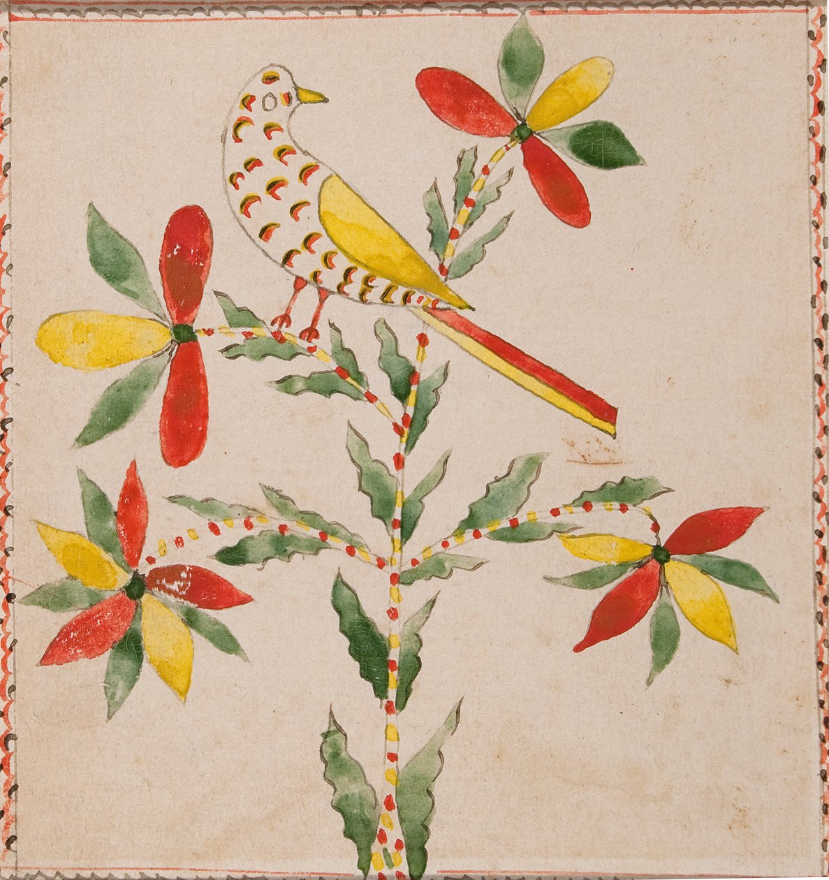 Çiçekli Dalda Minik Sarı ve Kırmızı Kuş by Unknown artist