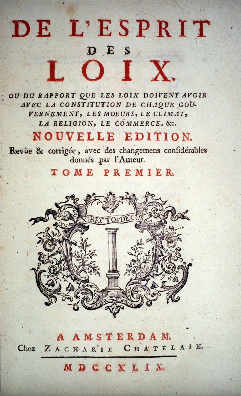 Charles Louis de Secondat, Baron de La Brede et de Montesquieu (1689-1755) tarafından yazılan “The Spirit of Laws” kitabının başlık sayfası. Amsterdam Sürümü 1749. by Unknown artist