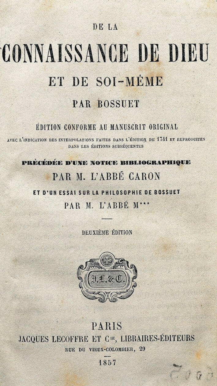 Fransız ilahiyatçı ve piskopos Jacques-Benigne (Jacques Benigne) Bossuet (1627-1704) tarafından yazılan “Tanrı ve benliğin bilgisi” kitabının başlık sayfası. 1857. by Unknown artist