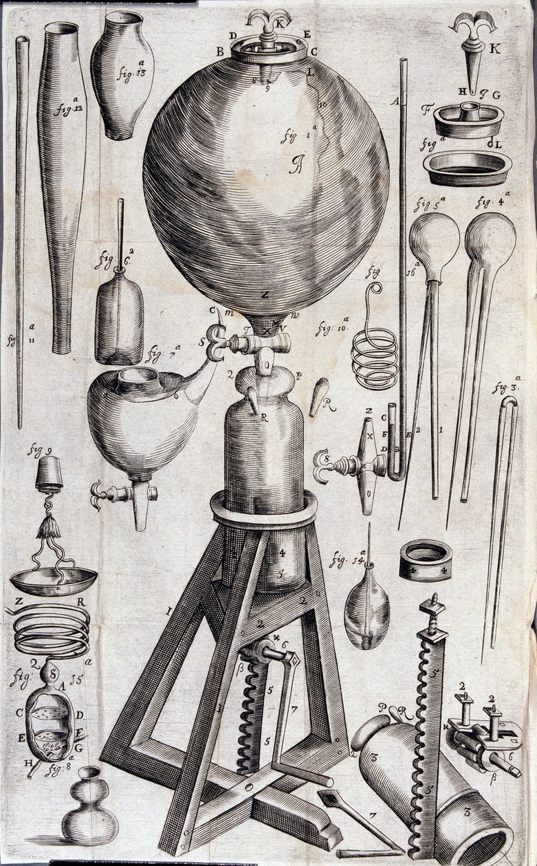 Bilimsel deneyler için araçlar - Robert Boyle tarafından "Elastik hava kuvveti ve etkileri üzerine yeni fizik-mekanik deneyler, çoğunlukla yeni bir pnömatik makinede yapılmış" by Unknown artist