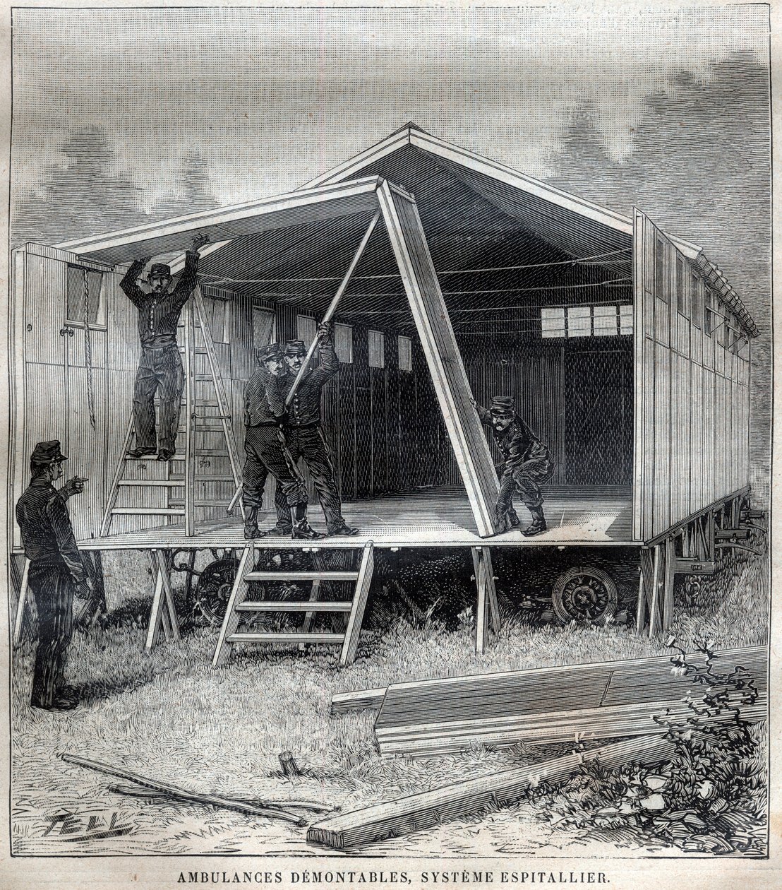 Taşınabilir karton yapılar: demonte ambulanslar, komutan Espitallier tarafından icat edilen sistem - “” La Science francaise” de Gravür by Unknown artist
