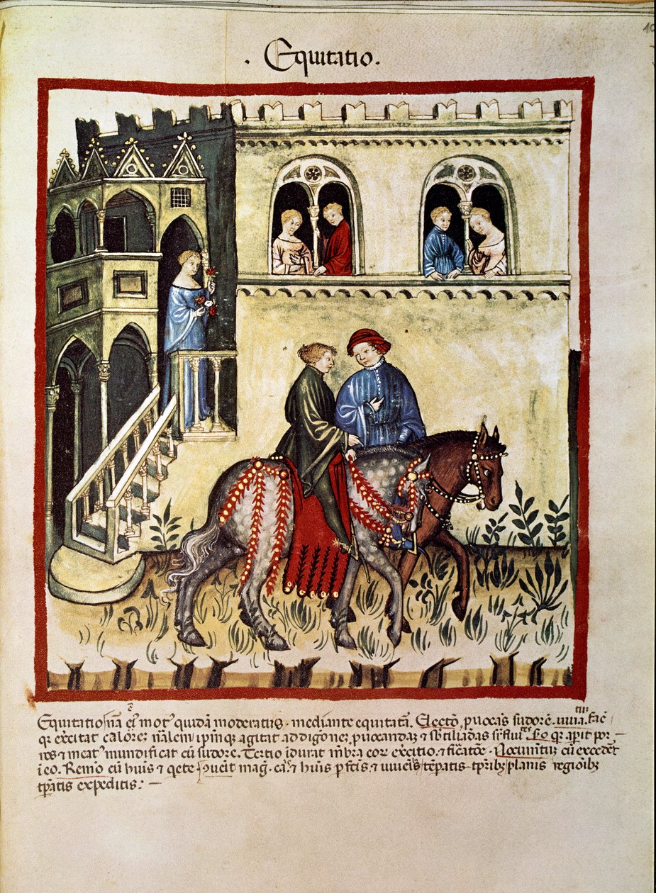 Tedavi ilacı: “” ata binmenin faydaları” “” Tacuinum sanitatis”ten alınan sayfa (Cod. ser. nov. 2644) Yaklaşık 1400 Viyana, Osterreischische Nationalbibliothek by Unknown artist