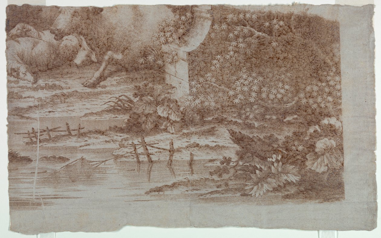 Pamuklu Baskı için Deneme Kanıtı: "Tavus Kuşları ve Kümes Hayvanları ile Pastoral Manzara" by Unknown artist