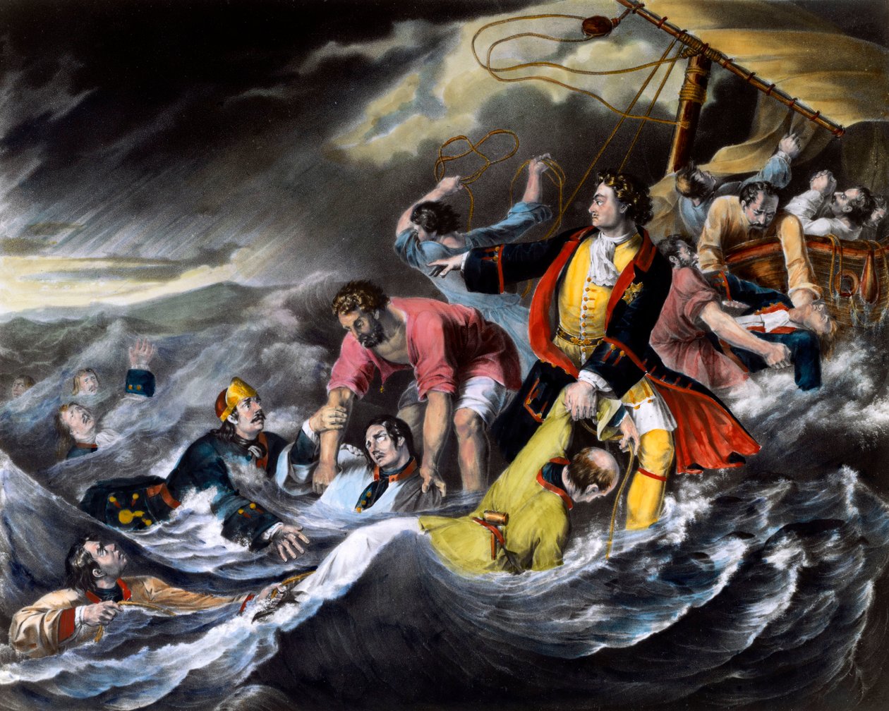 Çar I. Büyük Petro (1672-1725), askerleri bir fırtına sırasında boğulmaktan kurtarır. 1724 civarında anonim baskı. St. Petersburg. Hermitage Kütüphanesi by Unknown artist