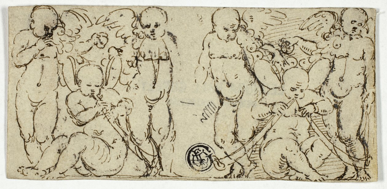 Trompet ve Meyveli İki Dekoratif Putti Grubu by Unknown artist