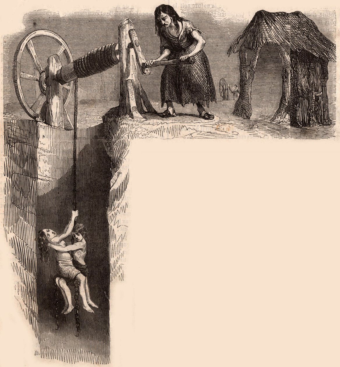 Vinçli bir kadın tarafından İngiliz kömür madeninden çıkarılan iki bitkin çocuk (gravür) by Unknown artist