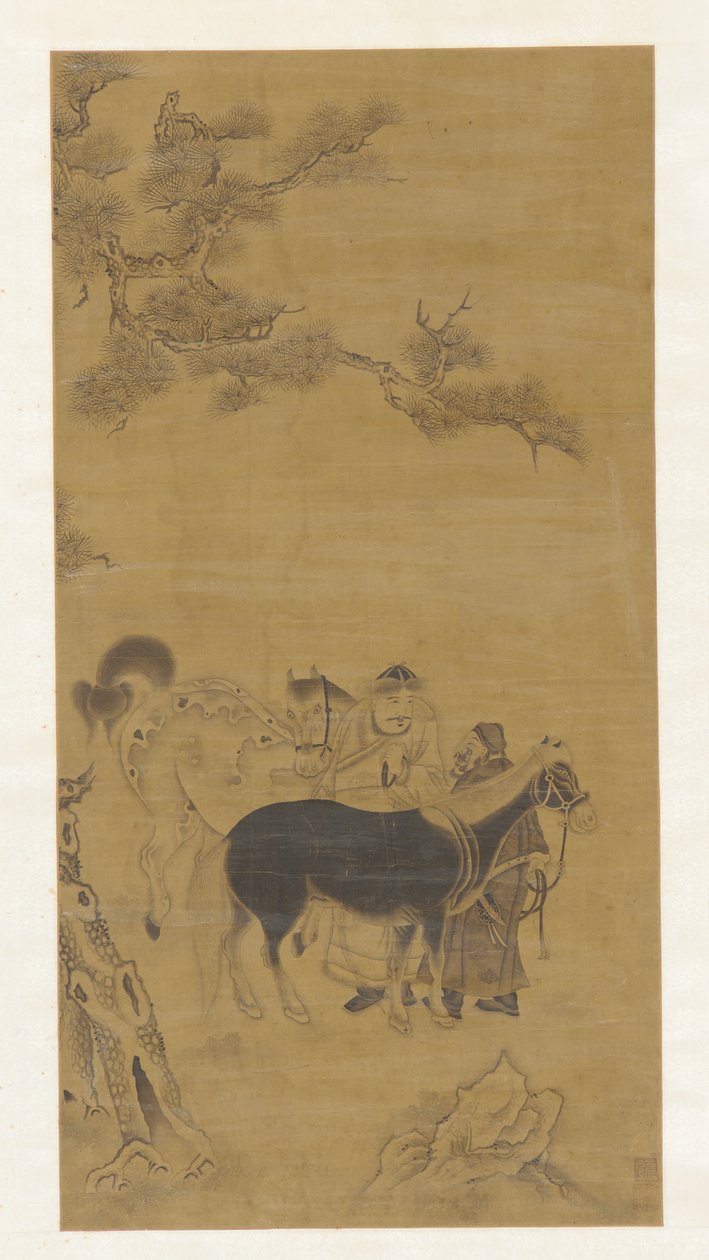 Bir çam ağacının altında iki adam ve iki at by Unknown artist