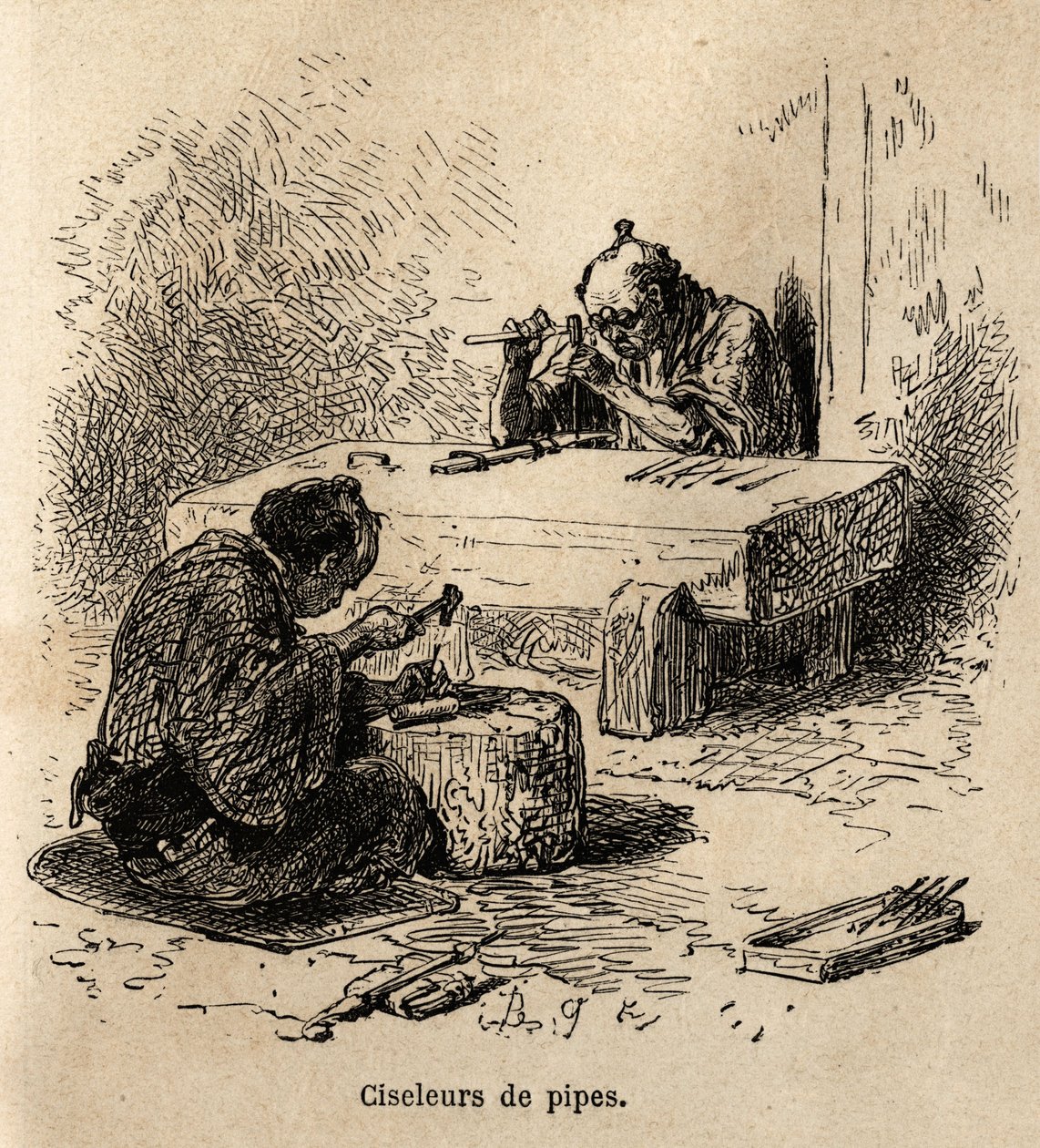 Ellerinde çekiç ve zımba olan iki işçi atölyelerinde metal borular oyuyor. İsviçre Konfederasyonu bakanı Aime Humbert tarafından 1863-1864