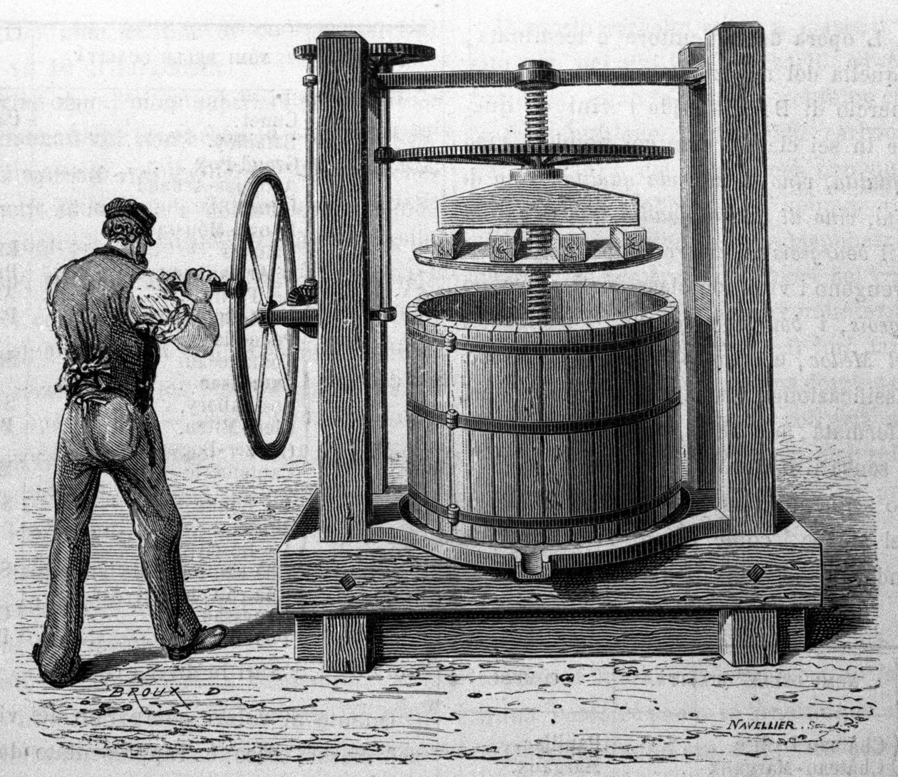 Medoc ve Konyakta üzüm marc elde etmek için presin kullanılması. 19. yüzyılın sonundan gravür by Unknown artist