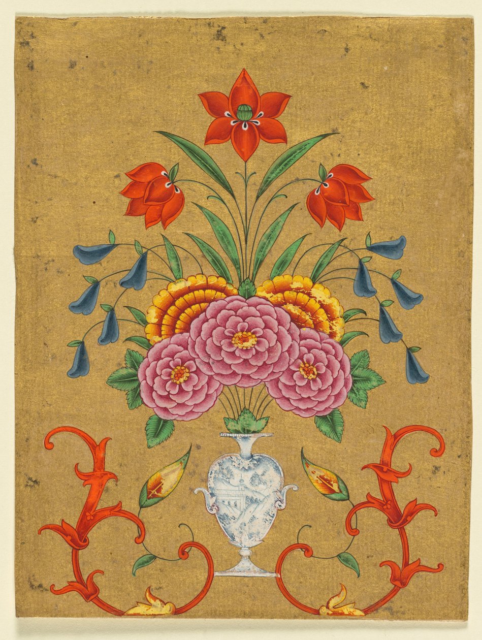 Çiçek aranjmanlı ve işlemeli vazo by Unknown artist