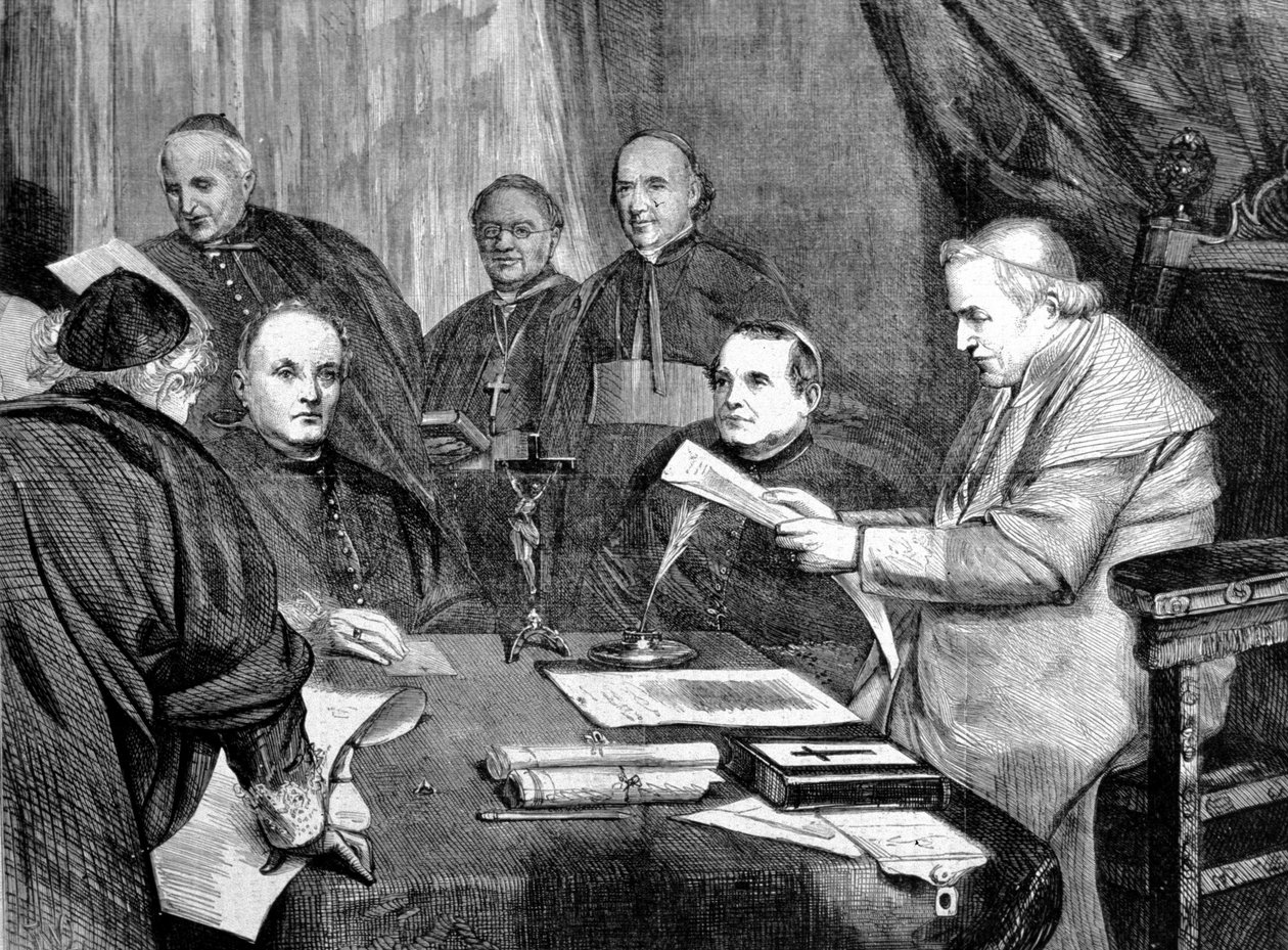 Vatikan Konseyi I. Papa Pius IX, Konsey Yönetim Kurulu üyeleri ile çevrilidir. 1869 by Unknown artist