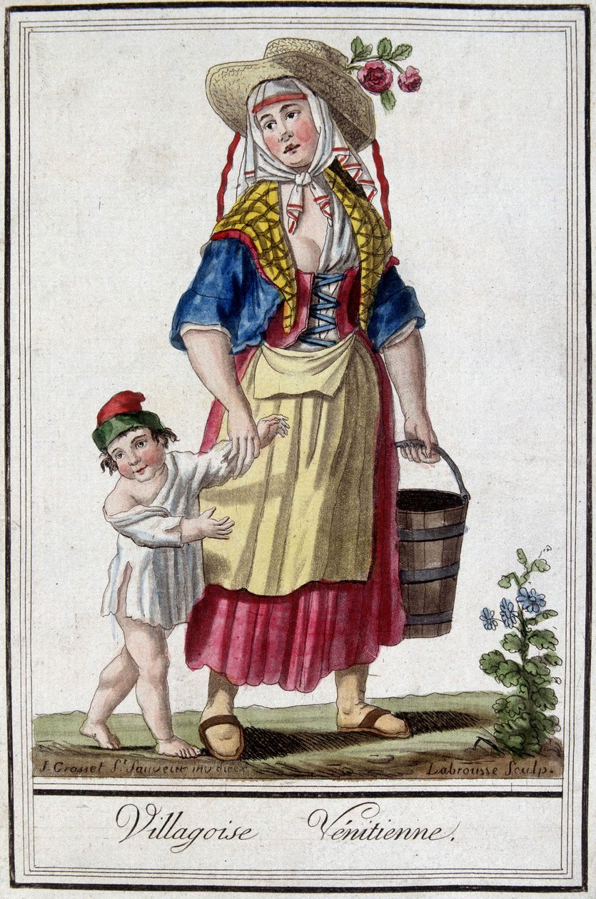Oğluyla birlikte Venedik köyü. 18. yüzyıl gravürü. by Unknown artist