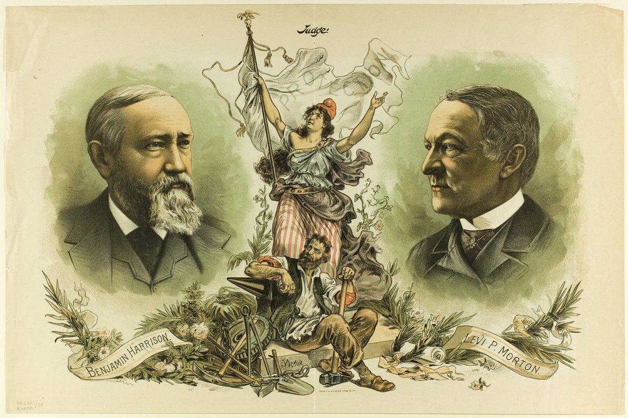 Yargıçtan Benjamin Harrison ve Levi P. Morton