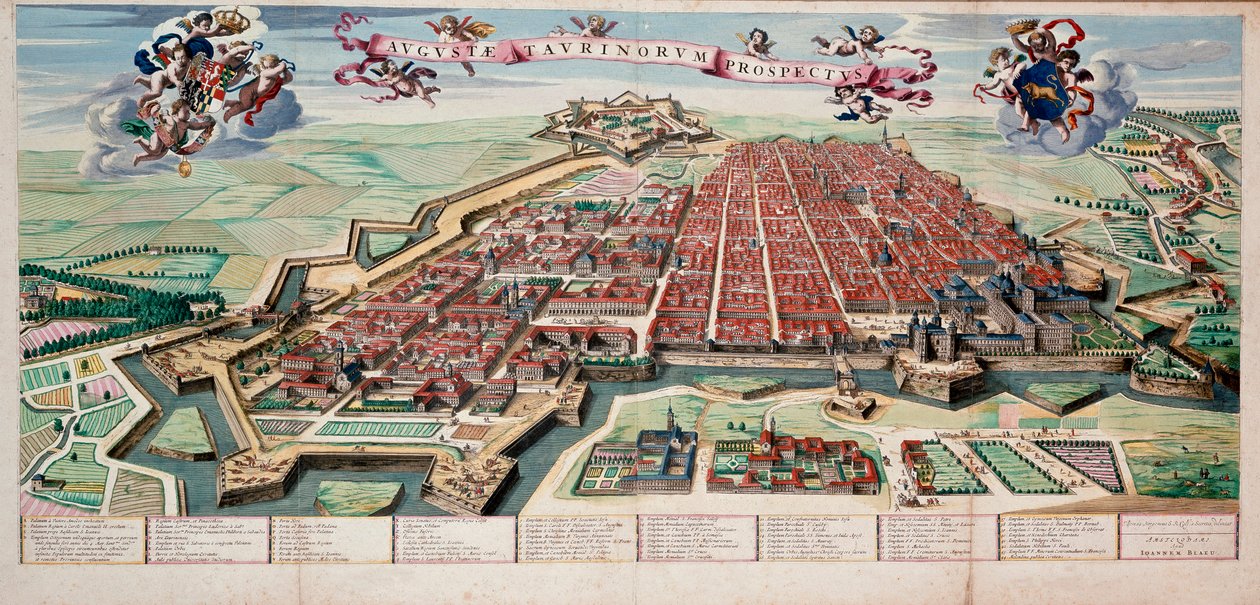 Torino şehrinin (Torino piemonte) 1700 Coloree baskısında görünümü ve haritası. by Unknown artist