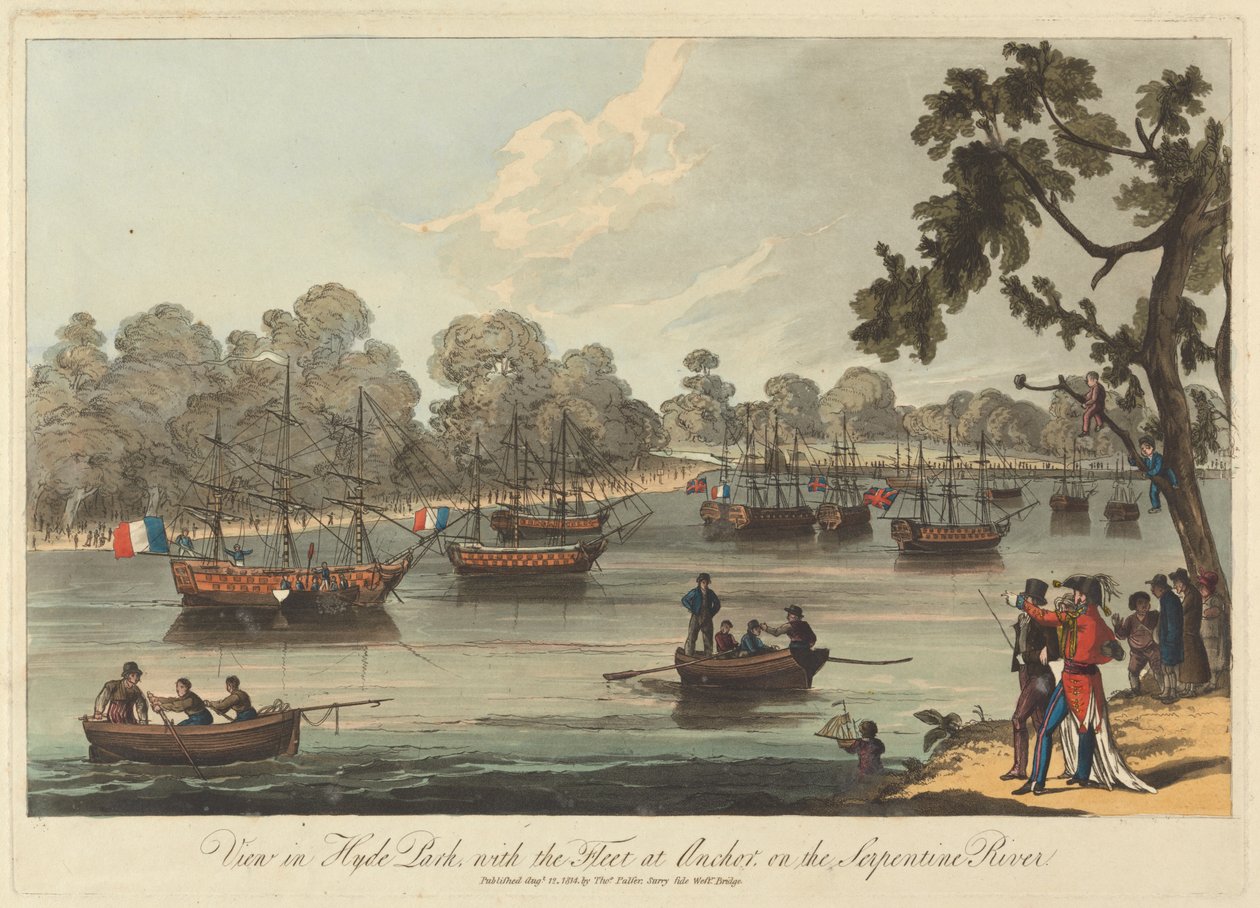 Hyde Park'ta Görünüm, Filo Serpentine Nehri üzerinde Çapa ile, 12 Ağustos 1814 by Unknown artist