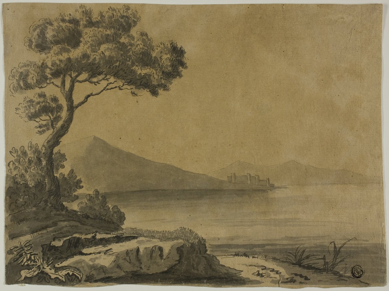 Ön Planda Büyük Ağaçlar Olan Göl Manzarası by Unknown artist